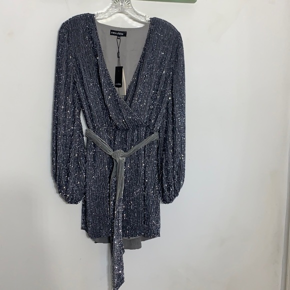 Retrofete dress long sleeve mini silver robe dress Taylor Swift gunmetal new xs - Picture 2 of 11